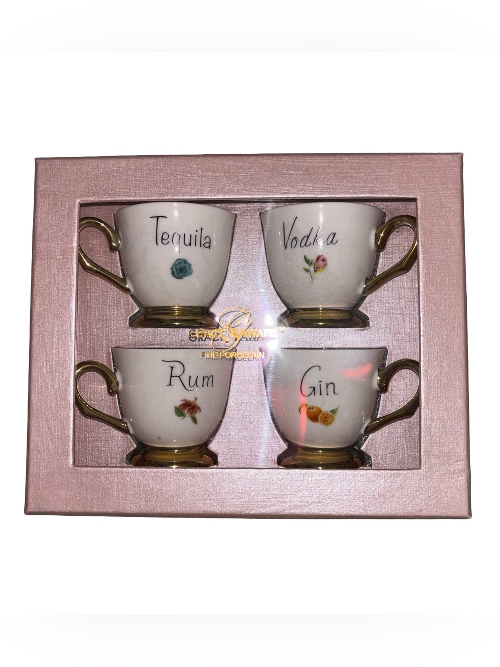 Fine Porcelain Espresso Size Tea Set Tequila Vodka Rum Gin 4pc Gold White New